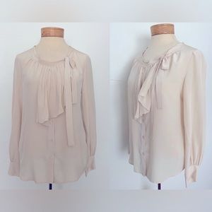 LUXE MIU MIU SILK BEIGE CREAM SAND SHIRT BLOUSE TOP TIE & RUFFLE DETAIL SIZE 40